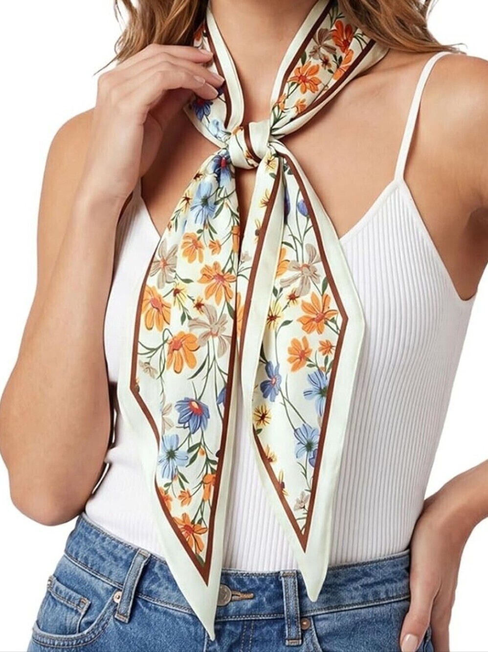 Silky Botanical Floral Skinny Head Scarf Bag Accessory Vintage-Inspired 60" × 5"